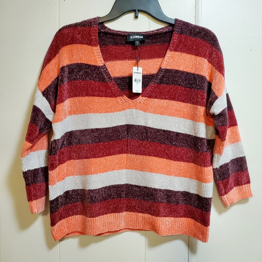 NWT Express Striped Velvet Chenille V-neck Sweater